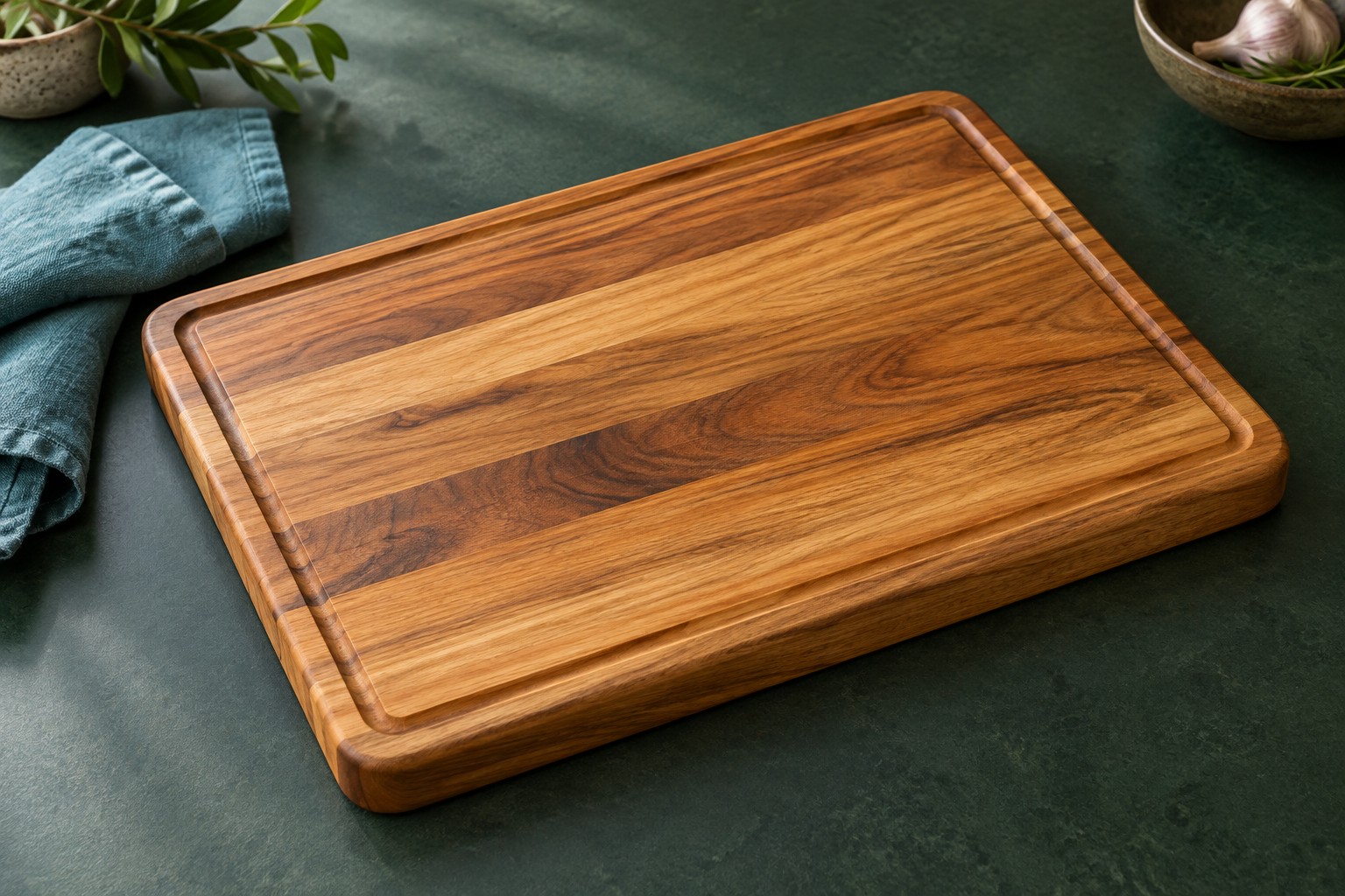 Imagen representativa de una tabla de picar en teca sobre un fondo verde bosque